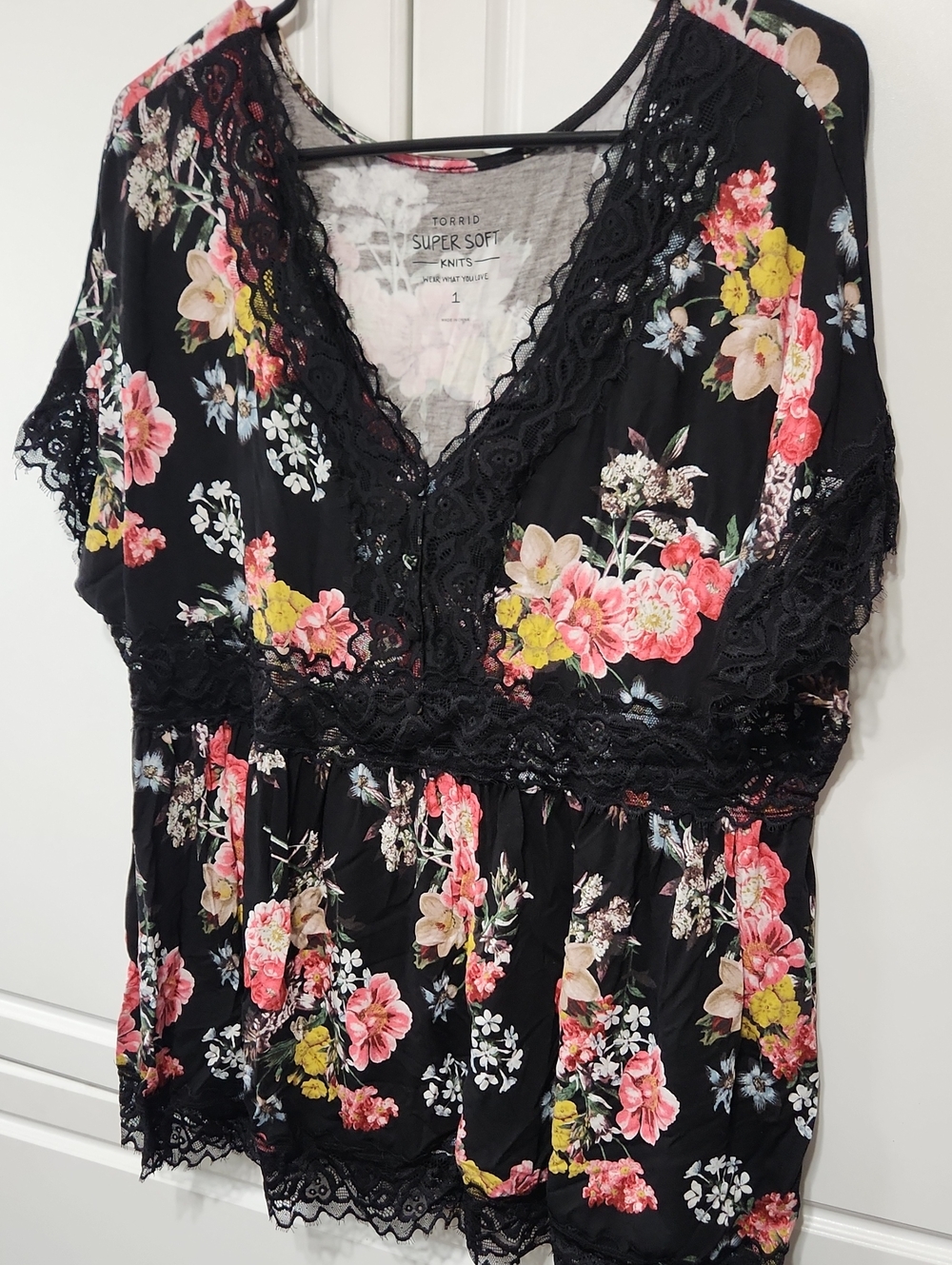 TORRID Black Floral Lace-Trim V-Neck  Top